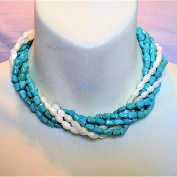 Six Strands Turquoise Nuggets Mother Of Pearl MOP Beaded Necklace Sterling Clasp